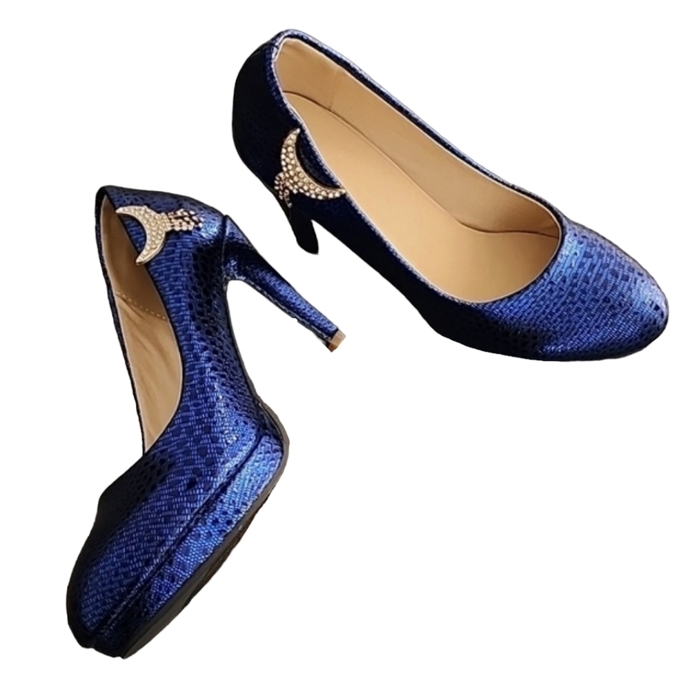 METALLIC COBALT BLUE VEGAN Platform Pumps 8 Heels Gold CZ Moon Charms Chunky - Picture 12 of 16